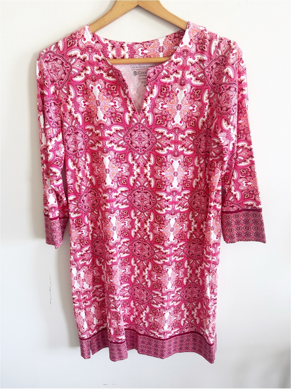 Coolibar UPF 50+ sun protection 3/4 sleeve red print Oceanside tunic dress sz M